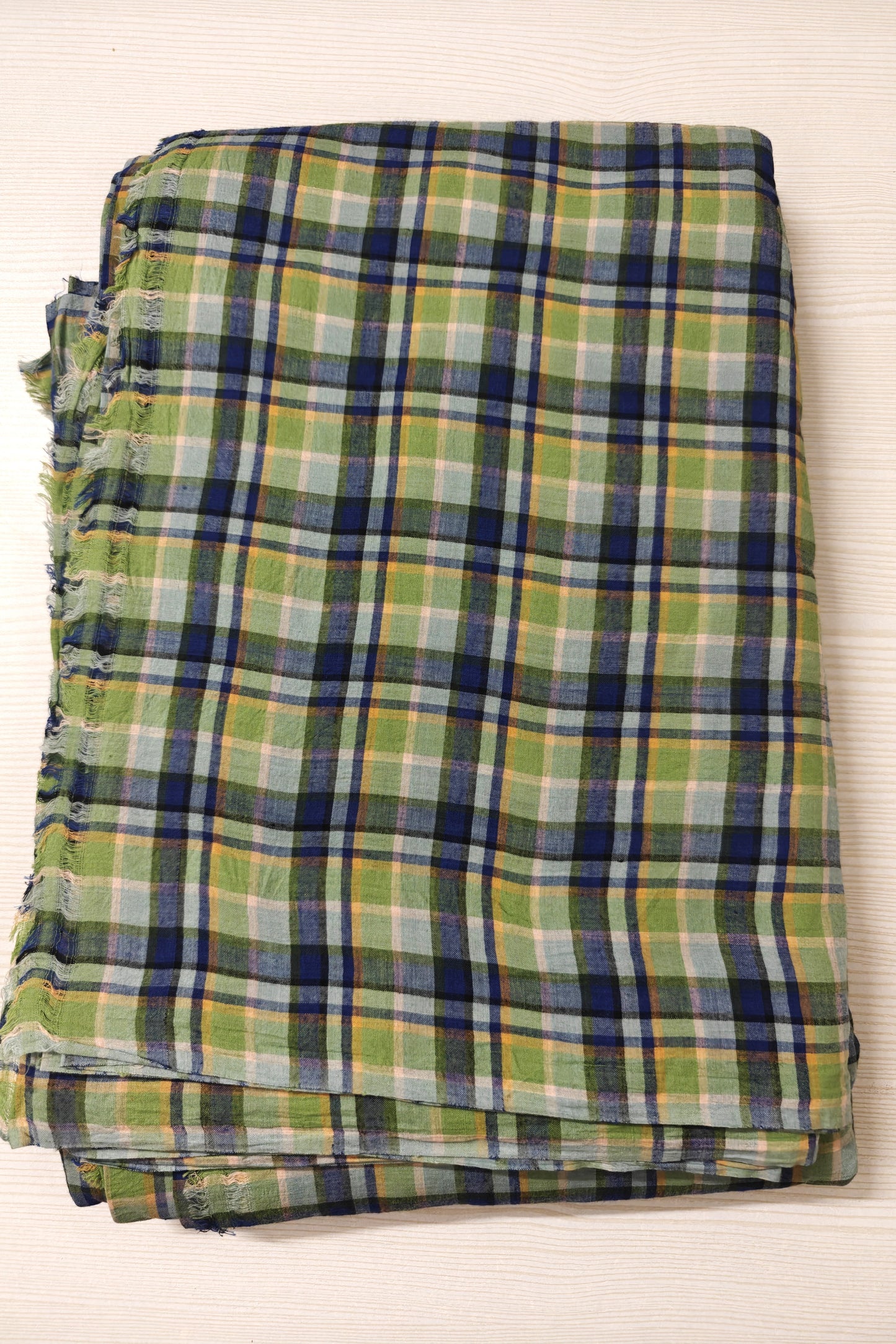 Breathable green and blue handloom plaid cotton fabric – lightweight and airy.