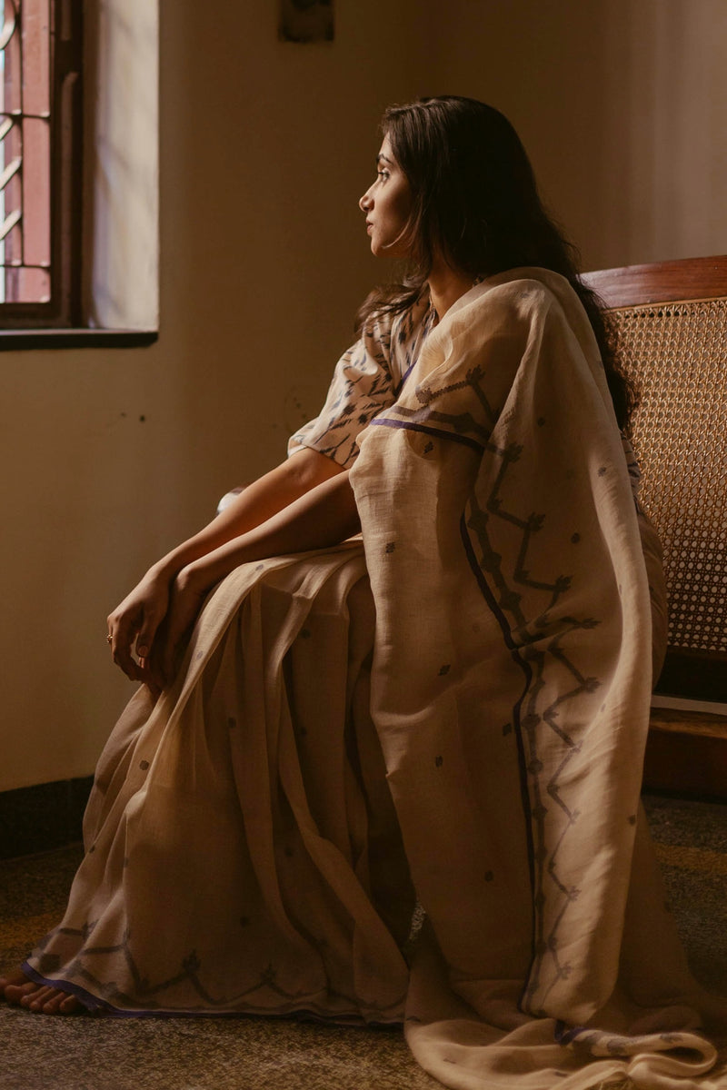 Beige & Indigo - Handloom Linen Jamdani Saree