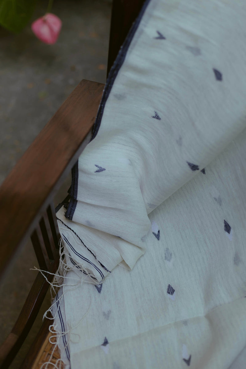 White & Indigo - Handloom Linen Jamdani Saree