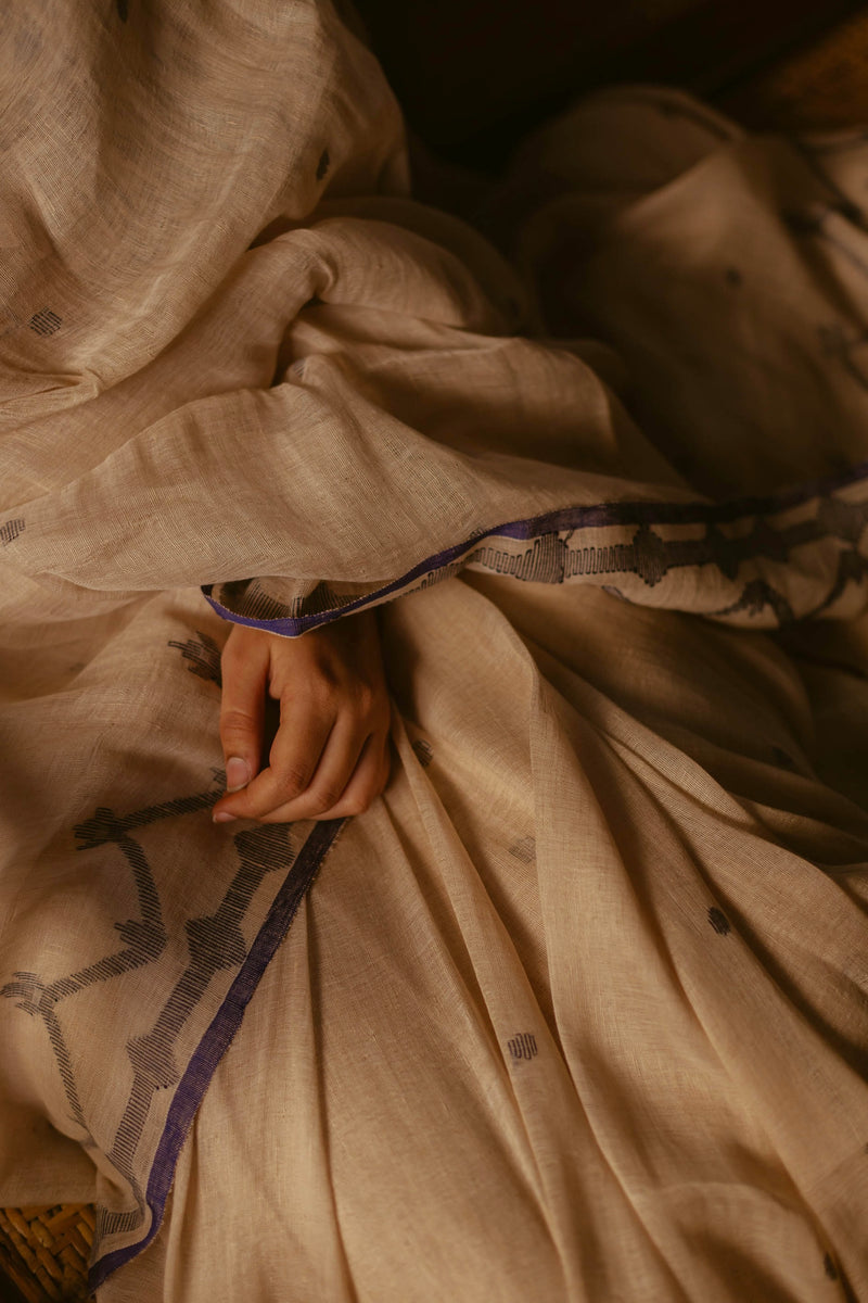 Beige & Indigo - Handloom Linen Jamdani Saree