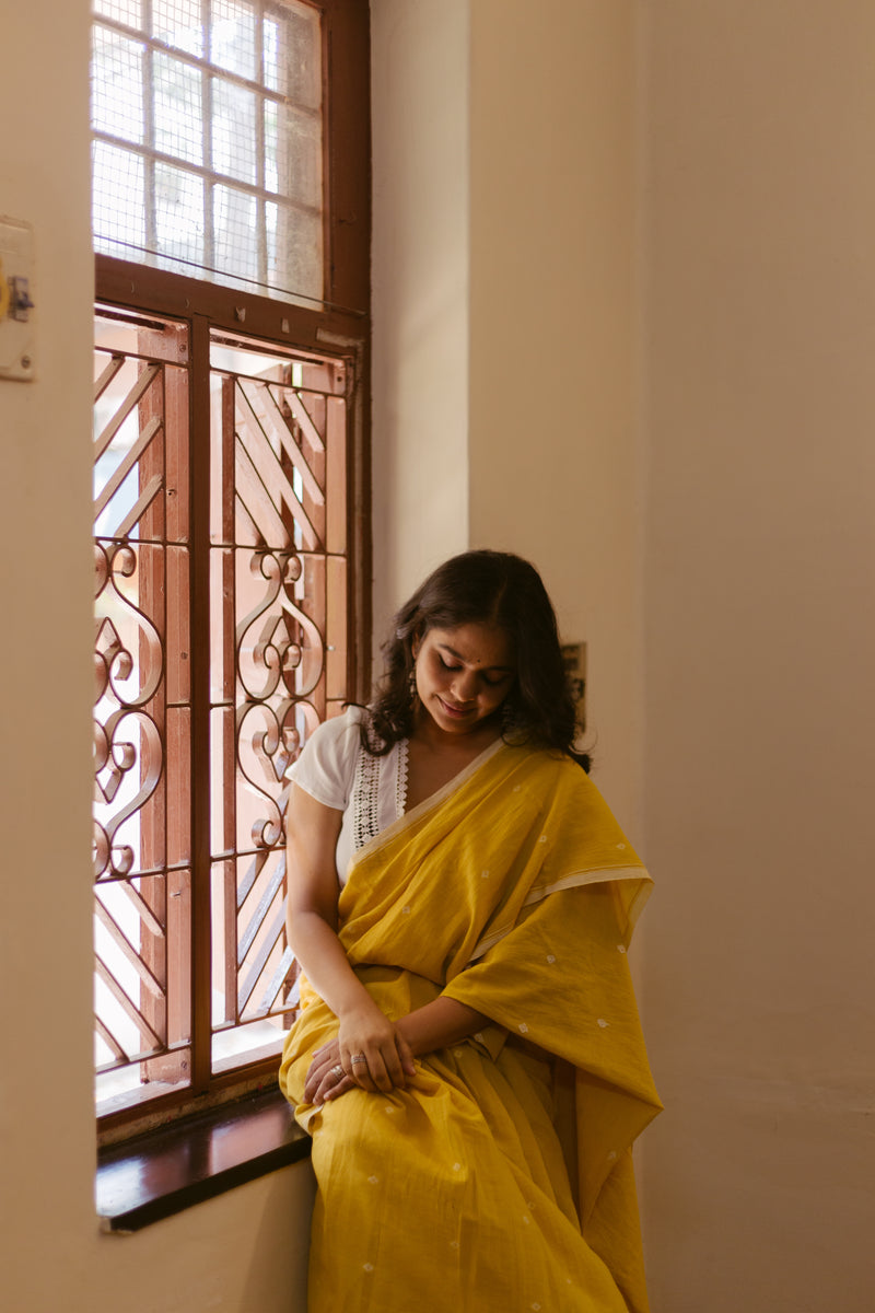 Yellow Marigold Dye - Khadi Jamdani Saree
