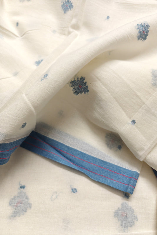 White Handwoven Cotton Fabric with Indigo Jamdani Motifs – Artisanal Textile for Dresses, Shirts & Sustainable Fashion