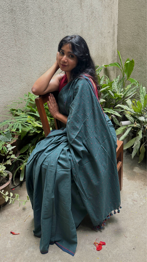 Elegant Green Jamdani Saree with Red Dots by VarsaaEdit, handwoven in soft cotton for timeless everyday wear