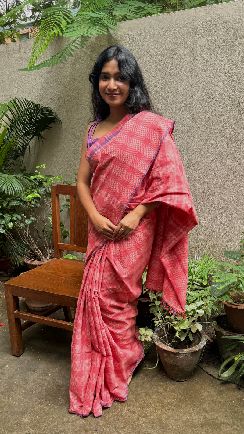 Traditional Bengal handloom Peach Checks Khadi Cotton Saree – lightweight, breathable fabric with cultural pride