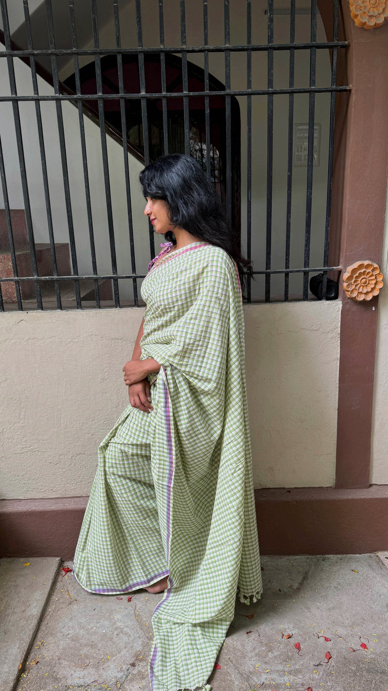 Lightweight Handloom Cotton Saree in Green & Purple Checks – Varsaa Edit Bengal weaving tradition in sustainable fashion