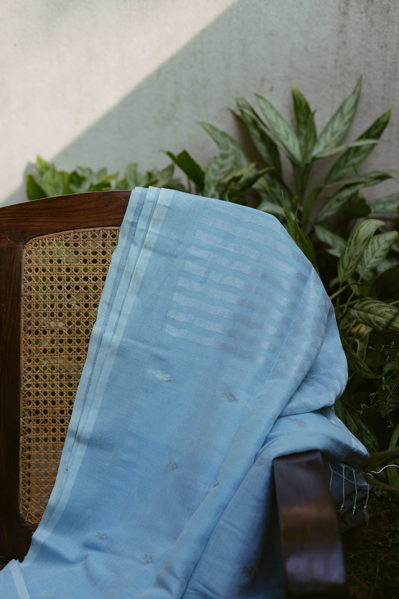 blue silver linen handwoven saree