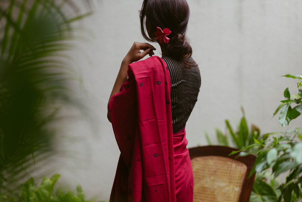 bright jamdani cotton saree handwoven in bengal