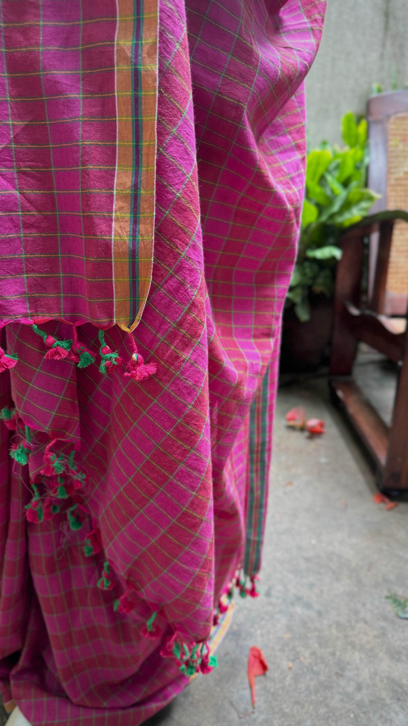 VarsaaEdit Bengal Handloom Cotton Saree – Pink and Green checked pattern for versatile styling and sustainable fashion