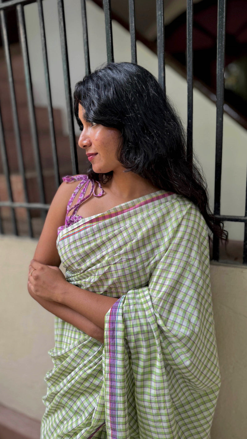 VarsaaEdit Handloom Cotton Saree – Light Green with Purple Checks, woven in Bengal for everyday elegance and comfort