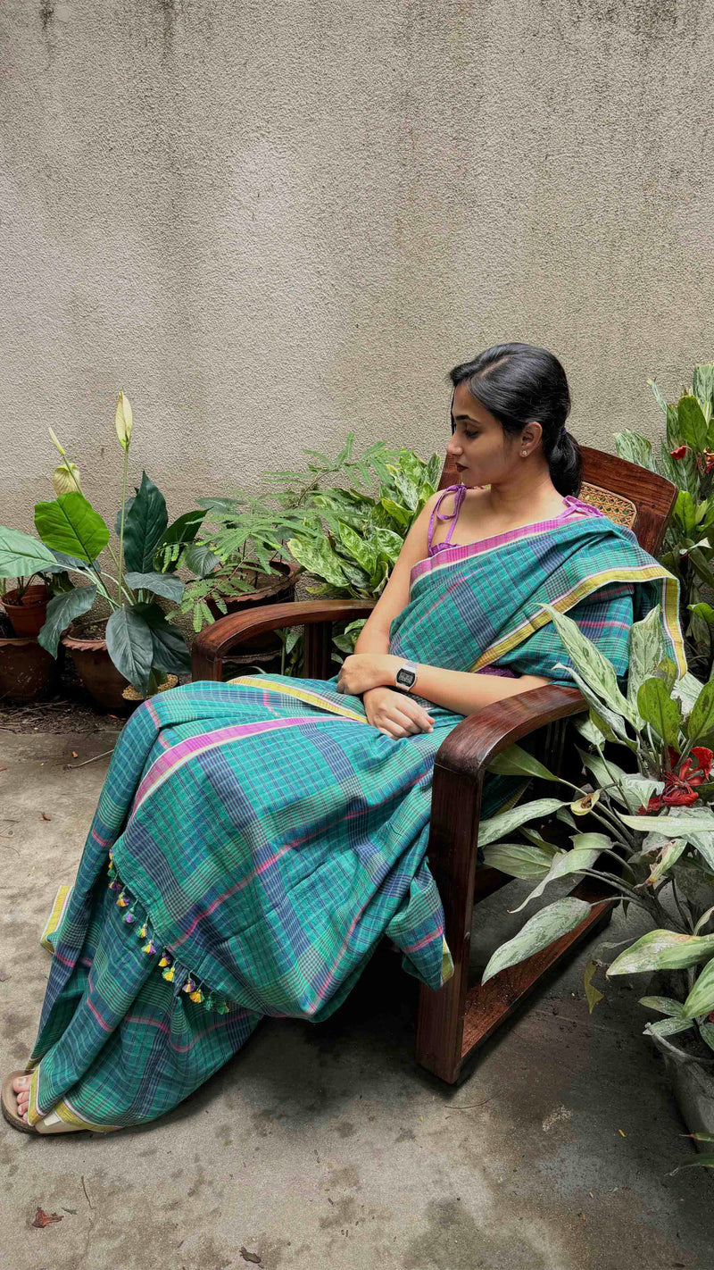 Eco-friendly checked cotton saree in green & blue – comfortable and airy