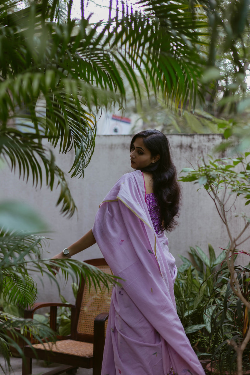 Lightweight lavender khadi saree with delicate floral design