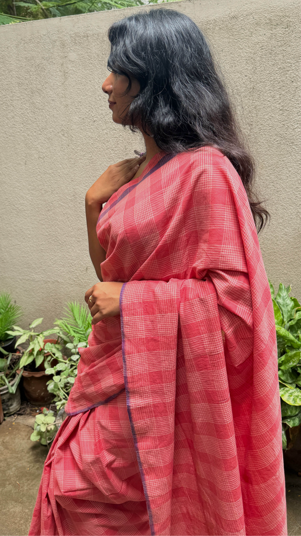Elegant Peach Checks Khadi Cotton Saree, handloom woven in Bengal with traditional artistry by VarsaaEdit.
