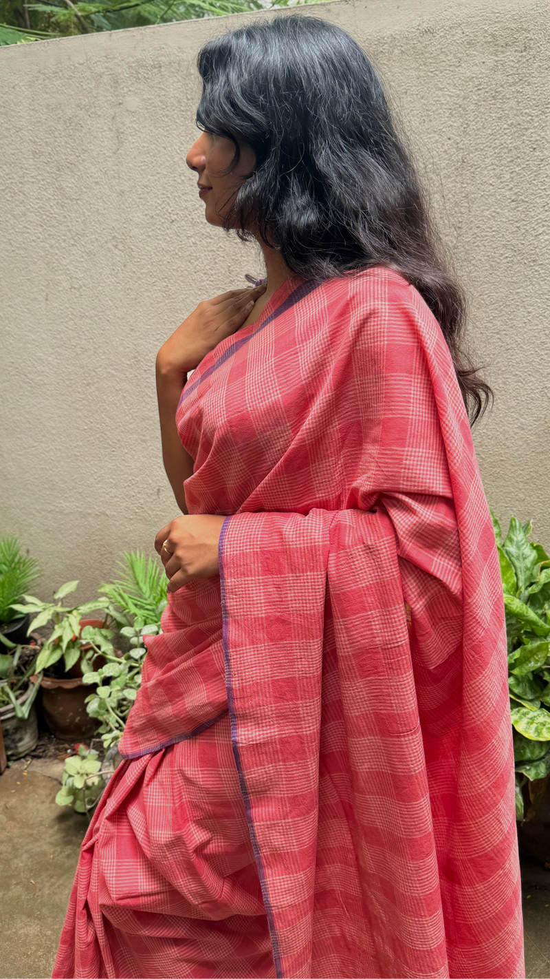 Elegant Peach Checks Khadi Cotton Saree, handloom woven in Bengal with traditional artistry by VarsaaEdit.