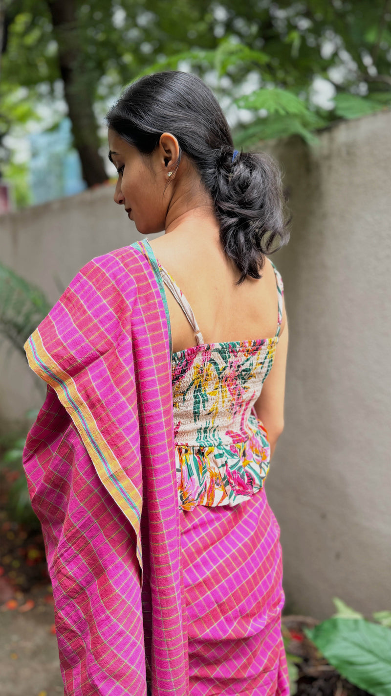 Elegant Pink & Green Checks Saree by VarsaaEdit – Bengal cotton handloom weave showcasing artisanal craftsmanship.