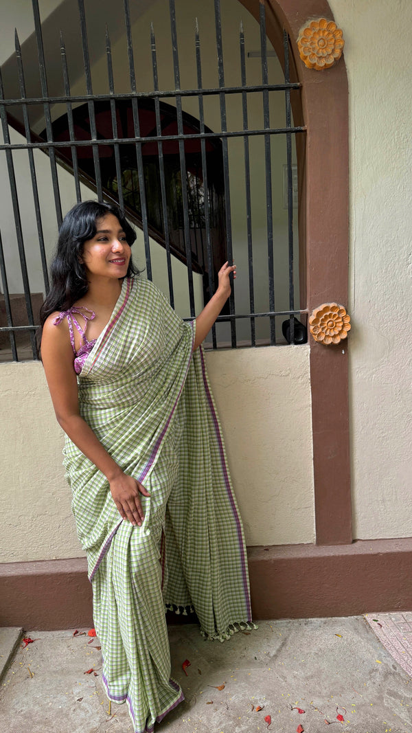 handloom khadi cotton saree in green purple