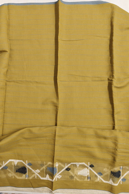 Artisan handloom jamdani cotton in marigold – breathable and sold in meters for eco-conscious fashion designers.