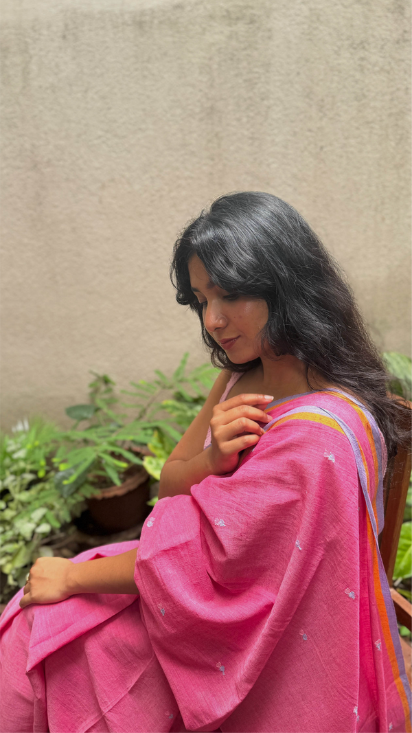 Handwoven bright pink Jamdani saree with multicolor border – Bengal cotton