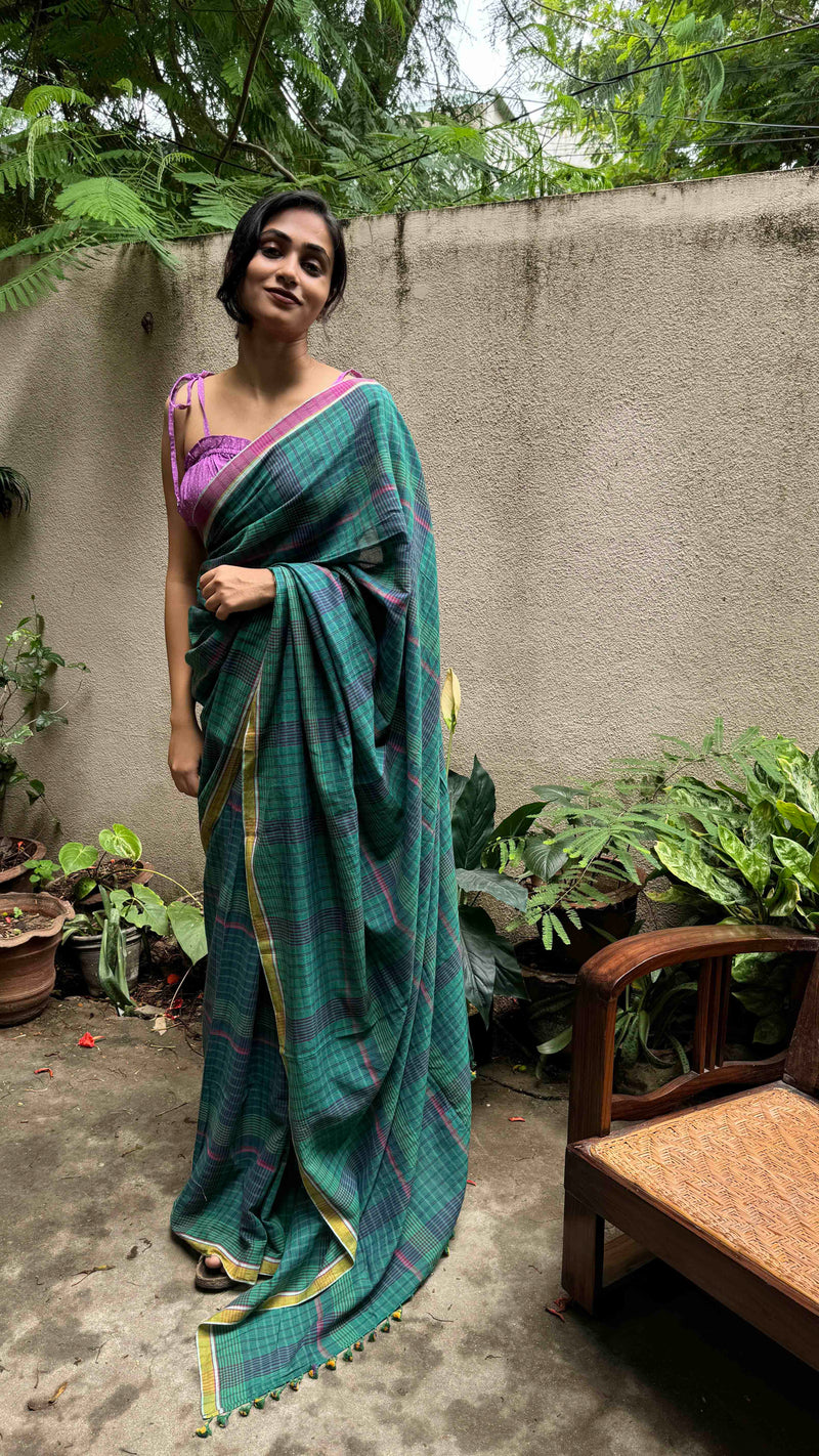 Soft handwoven green-blue checked saree ideal for office and casual wear