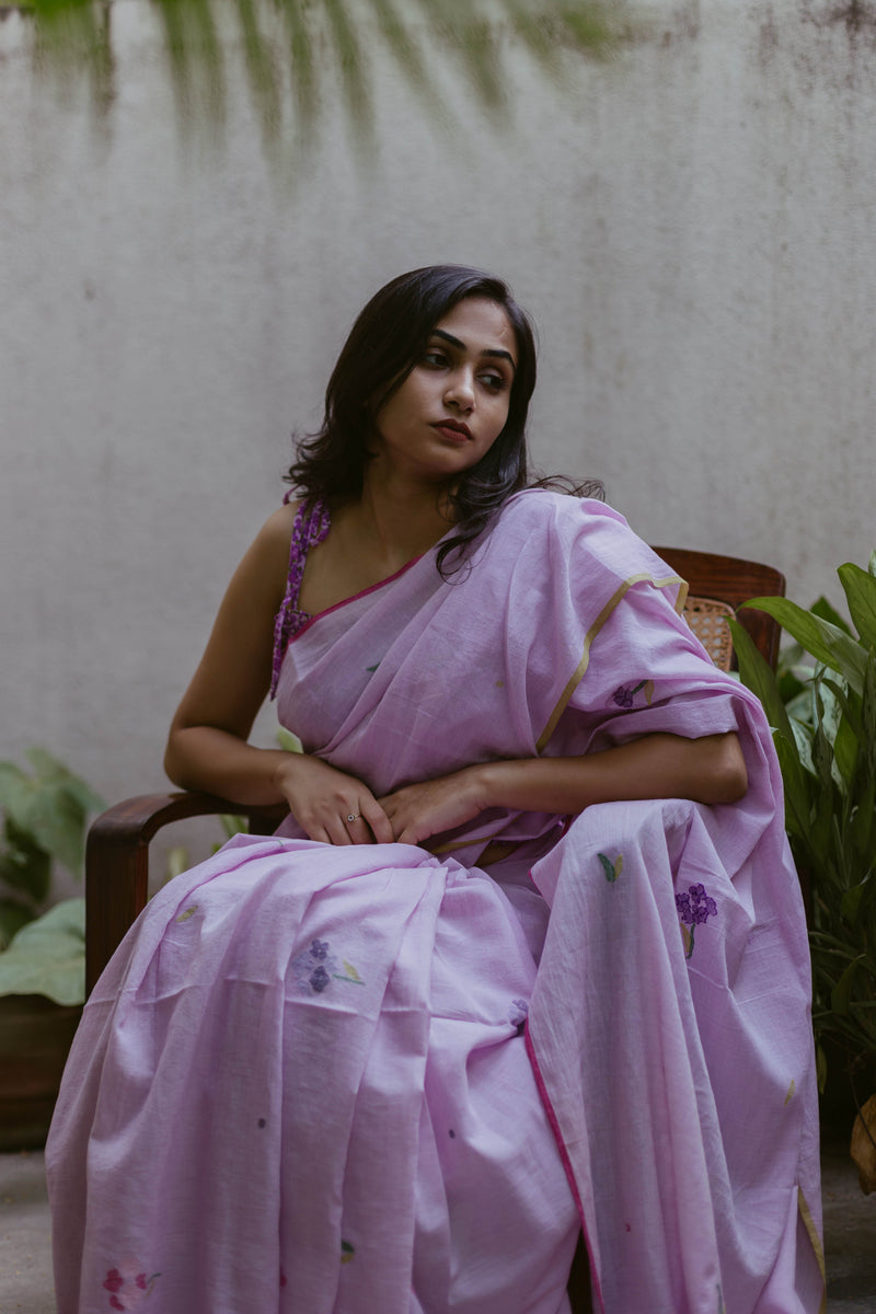 Handloom lavender jamdani saree in soft khadi cotton fabric