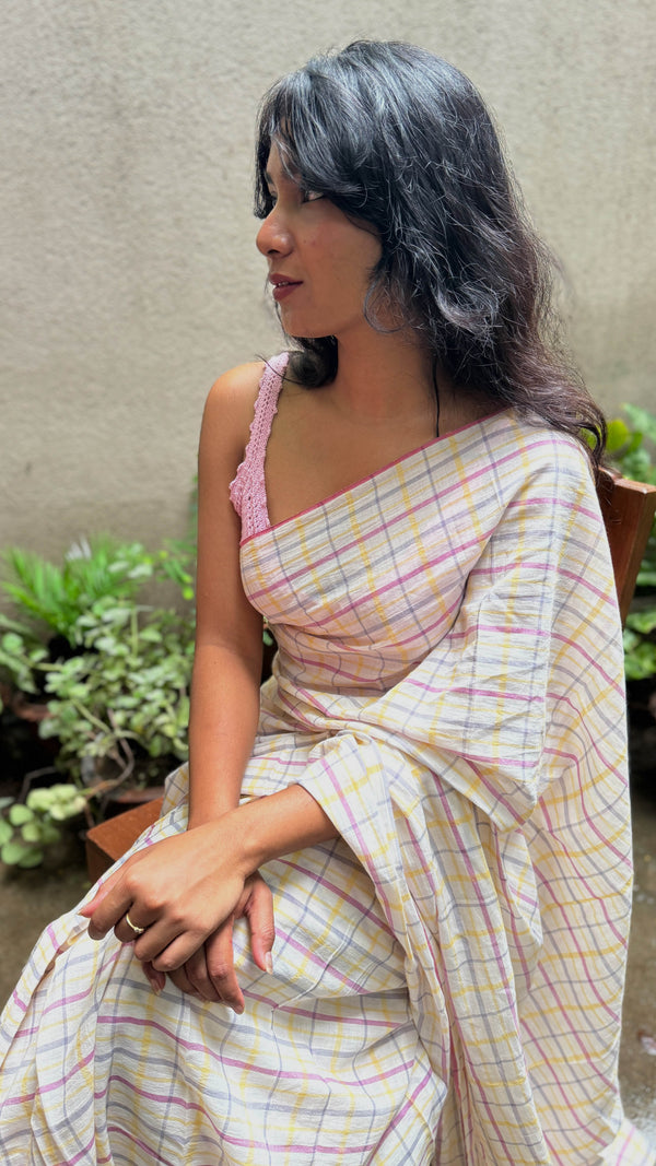Handwoven Multi-colour Checks Khadi Cotton Saree styled by VarsaaEdit – breathable Bengal cotton saree for timeless elegance.
