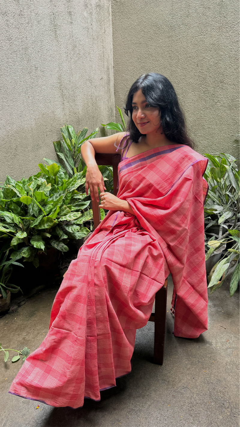 Handwoven Peach Checks Khadi Cotton Saree by VarsaaEdit – celebrating Bengal’s weaving heritage and timeless fashion