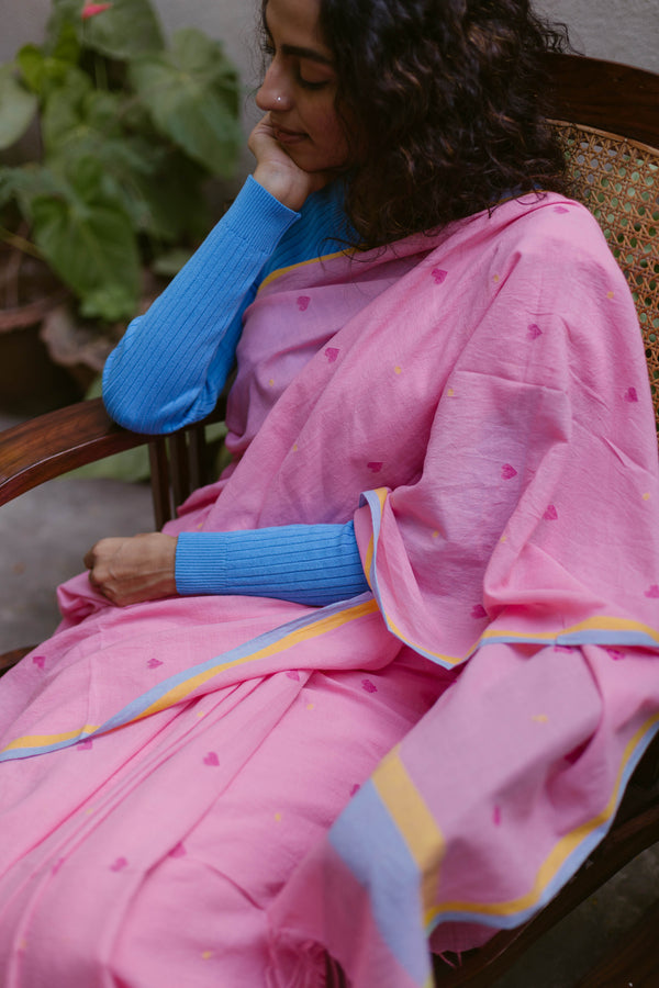 Elegant Jamdani Saree in pink cotton with heart patterns for festive wear