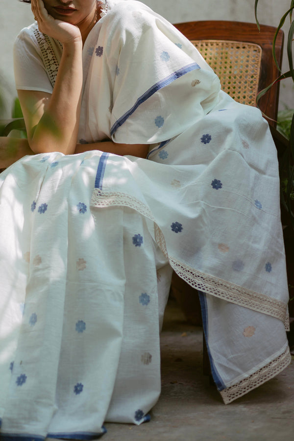 Handwoven White Jamdani Saree with Indigo border and patterns