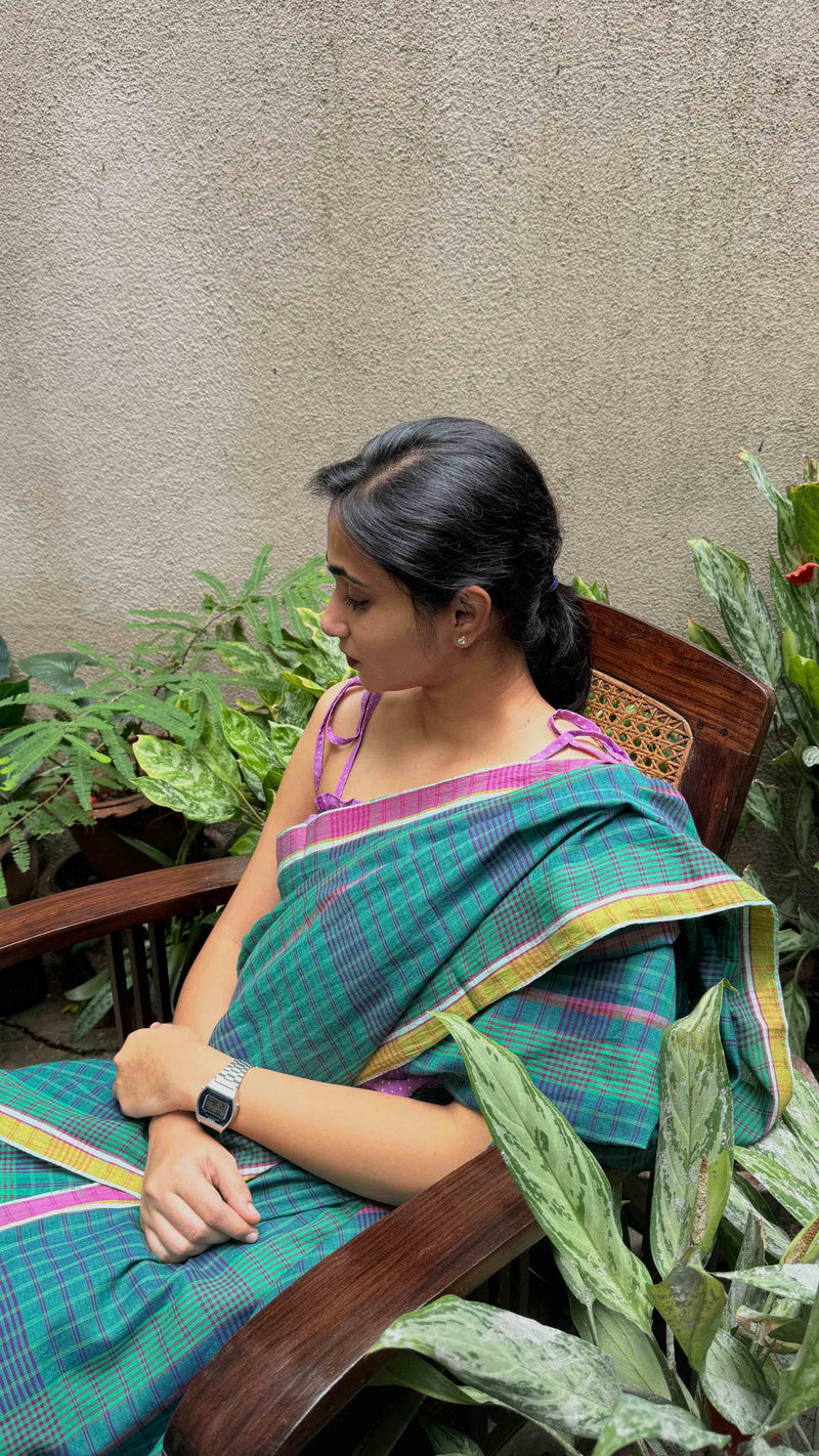 Khadi cotton saree featuring green and blue checks – traditional Bengal weave