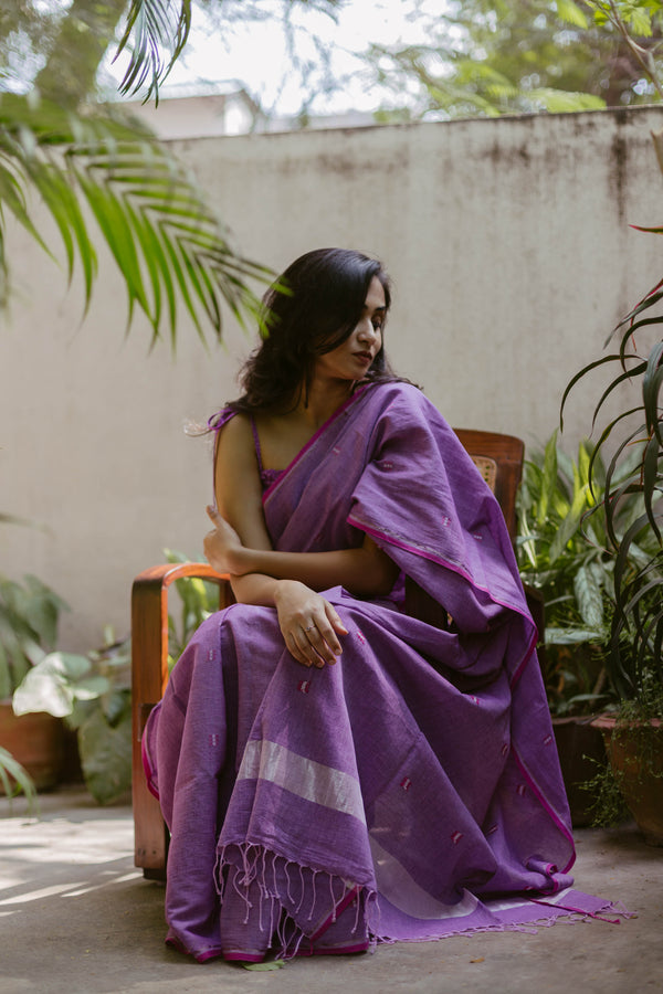 Lavender Handloom Cotton Jamdani Saree with delicate woven motifs