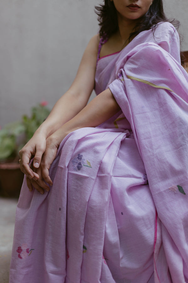 Elegant lavender khadi cotton saree with floral jamdani weave