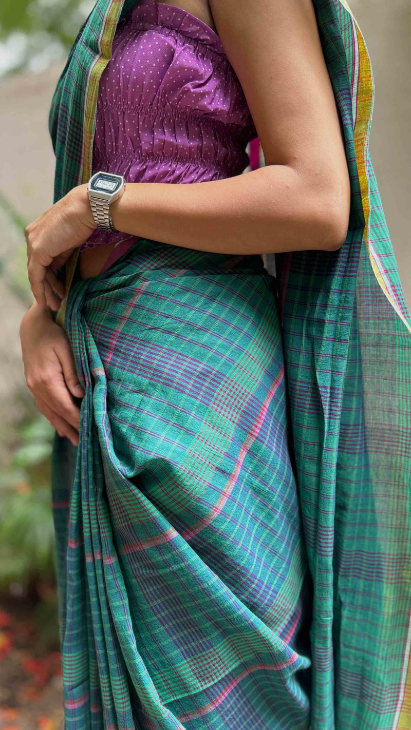 Lightweight west bengal handloom cotton saree in green-blue grid pattern