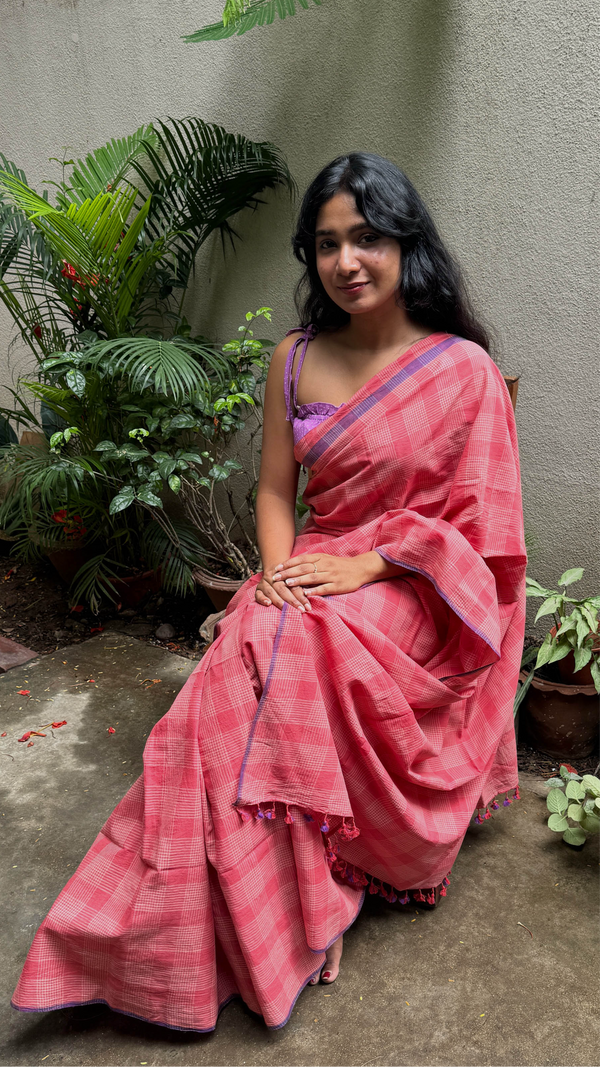 Peach Checks Khadi Cotton Saree by VarsaaEdit – handwoven Bengal saree showcasing timeless elegance and craftsmanship