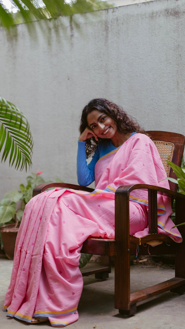 Pink Hearts Handloom Cotton Jamdani Saree with delicate woven motifs