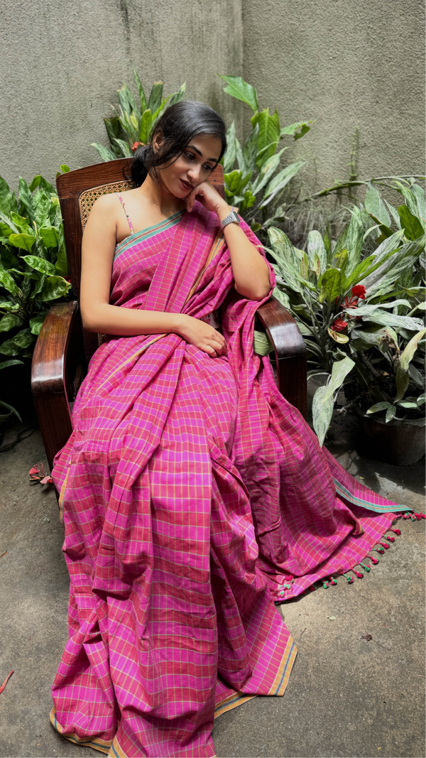 VarsaaEdit Pink & Green Checks Handloom Cotton Saree – artisanal Bengal weave in breathable cotton for elegant draping.