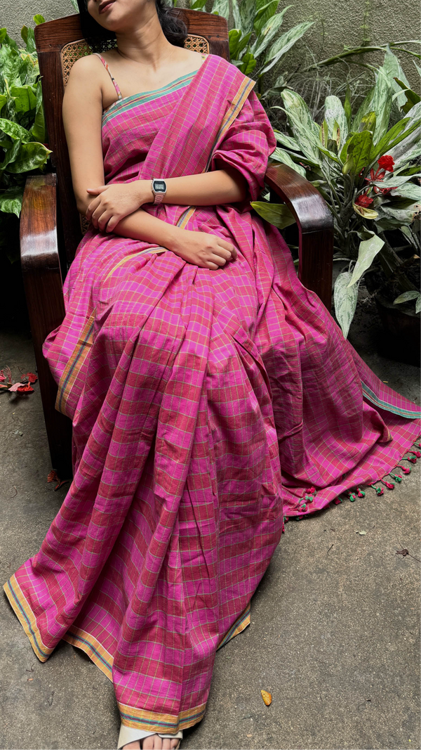 Handwoven Pink & Green Checked Cotton Saree by VarsaaEdit, crafted in Bengal with traditional handloom weaving techniques
