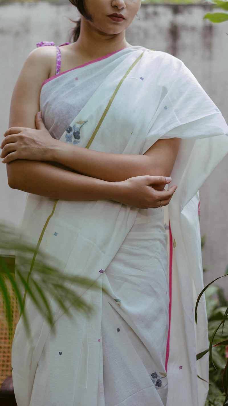 Pure Cotton White Handwoven Jamdani Saree with Multicolor Flowers