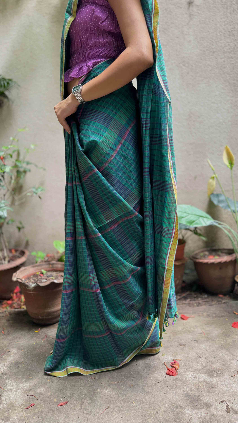 Green & Blue Checks Khadi Cotton Saree by Varsaa Edit – eco-friendly, artisanal weave highlighting sustainable handloom fashion.