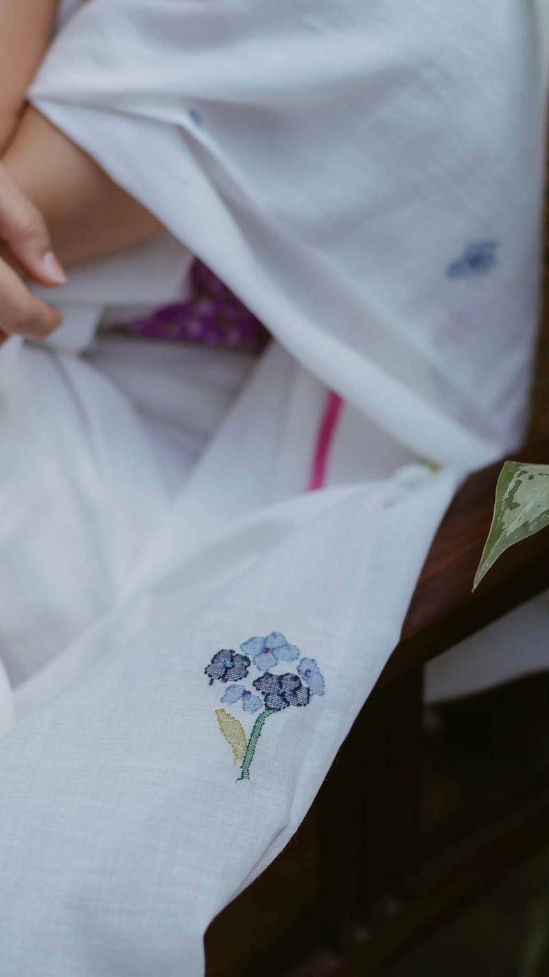 Sustainable Handloom White Cotton Saree with Floral Designs