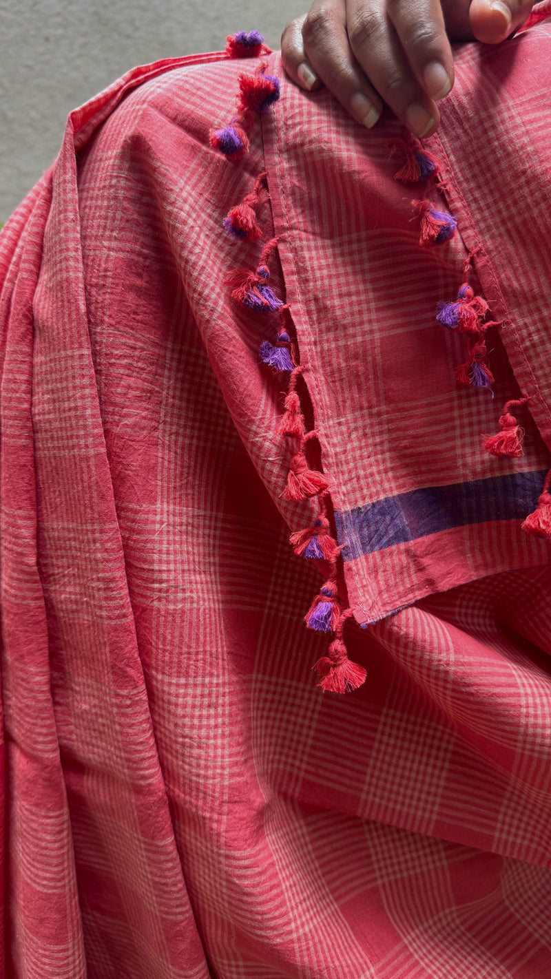 Sustainable Peach Checks Khadi Cotton Saree – VarsaaEdit’s Bengal handloom drape combining tradition, elegance, and eco-friendly fashion