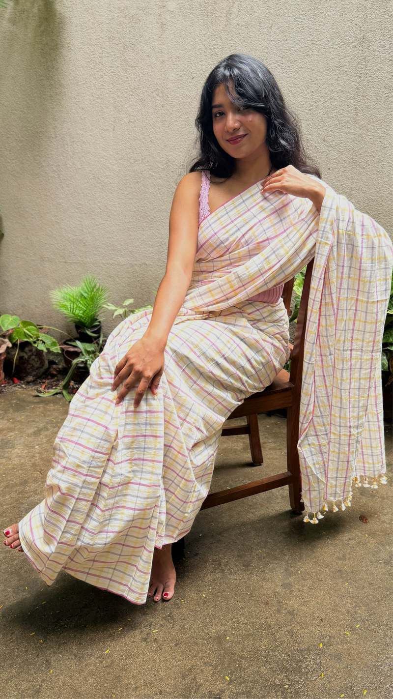 VarsaaEdit Multi-Coloured Khadi Cotton Saree – lightweight Bengal cotton handloom saree with elegant checked design