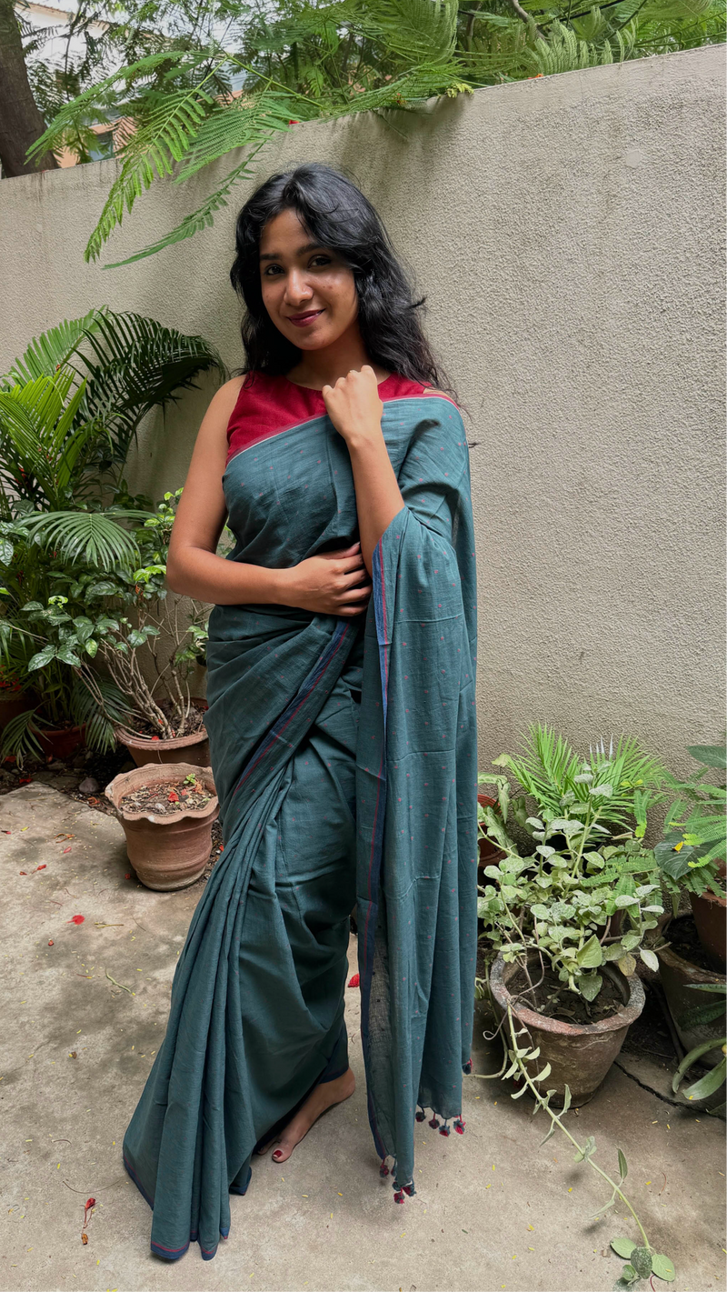 VarsaaEdit Bengal Handloom Jamdani Cotton Saree – deep green with delicate red dotted motifs for a refined look