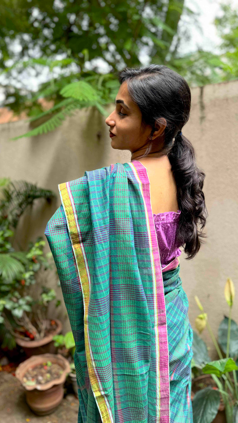 Green and blue checked handloom cotton saree with subtle khadi weave detailing
