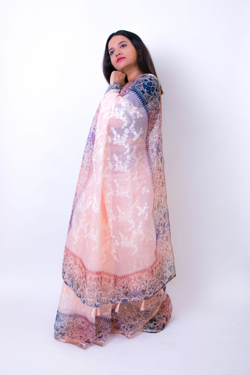 Peony - Peach Floral Organza Saree