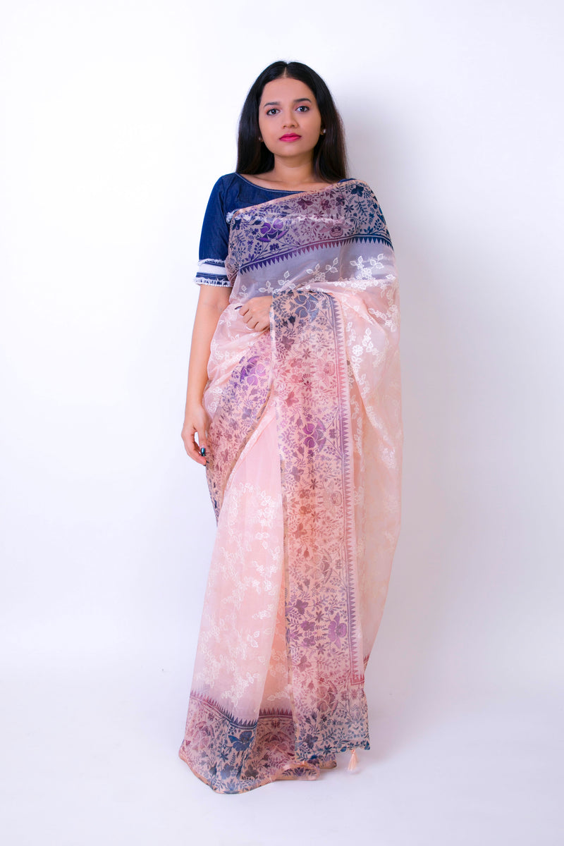Peony - Peach Floral Organza Saree