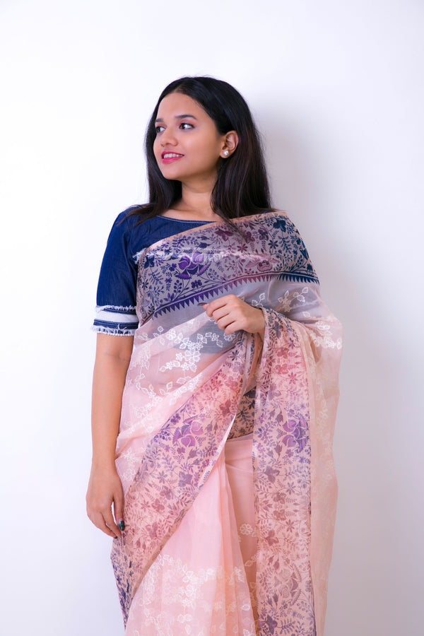 Peony - Peach Floral Organza Saree