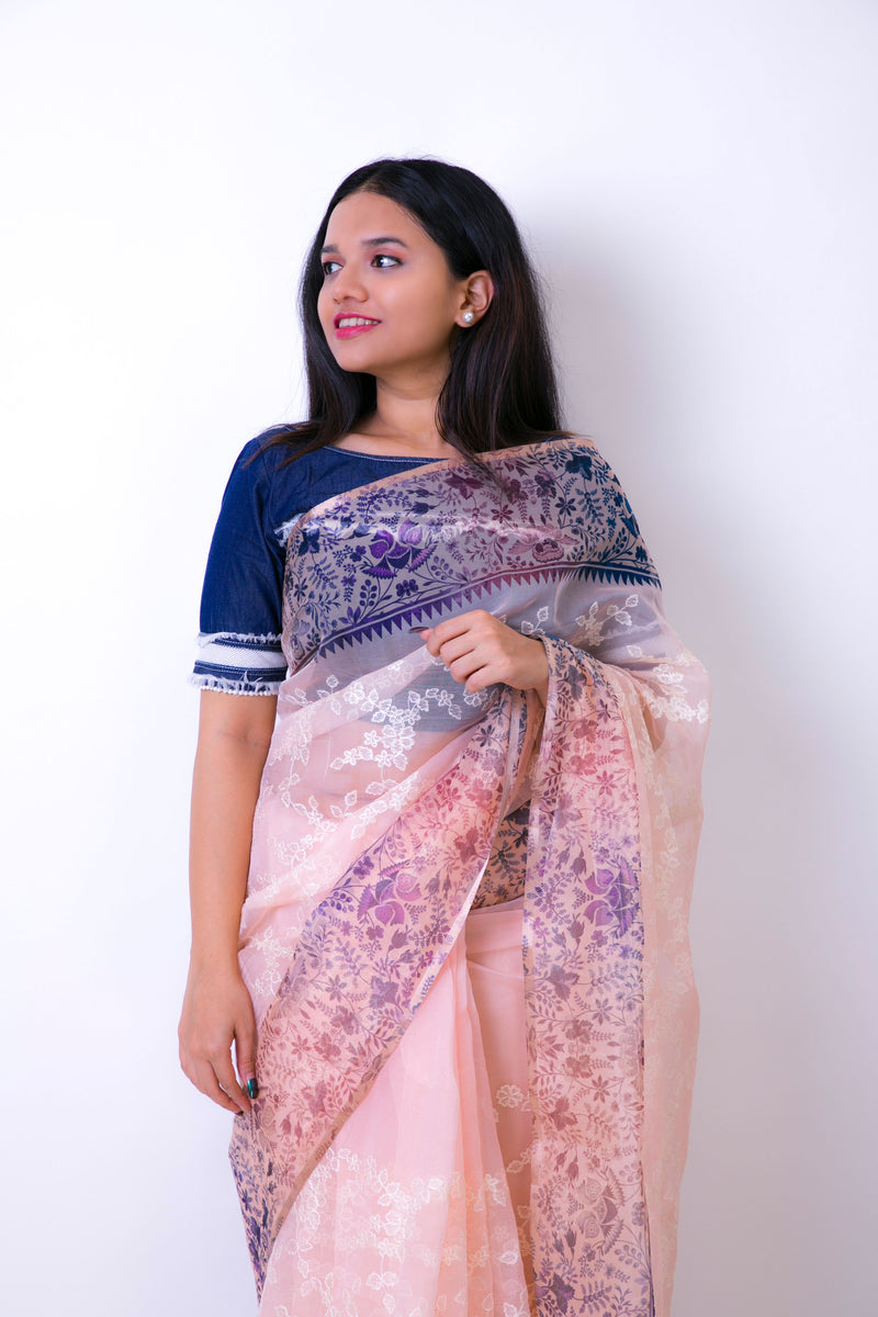 Peony - Peach Floral Organza Saree
