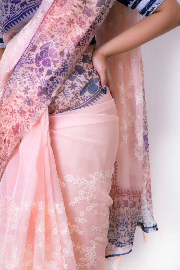 Peony - Peach Floral Organza Saree